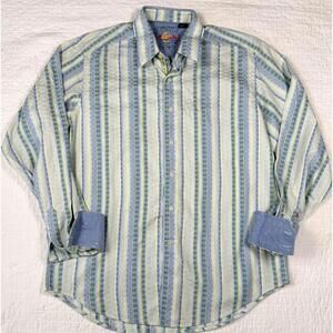 Robert Graham LT Large Tall Stripe Shirt Blue Green Flip Cuff Cotton